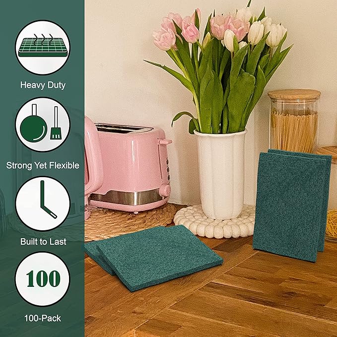 100 Pack Heavy Duty Scouring Pads 3x4 Inch – Green Scrubbing Pads Non Scratch Bulk Scrub Pads for Kitchen Dishes Pots Pans Grill &amp Household Cleaning – Reusable Multipurpose Scrubber Pads