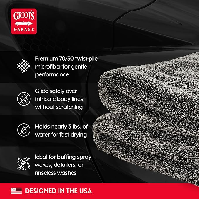 Griot's Garage PFM Ultrafast Edgeless Towels for Car Cleaning and Detailing Hyper-Absorbent Scratch-Free Compact 16” x 16” Set of 2 55539
