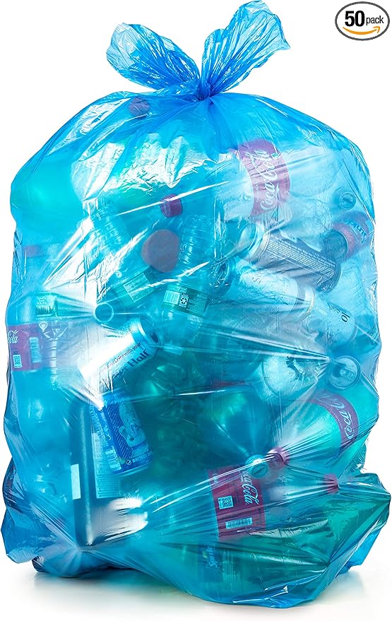 Recycling Trash Bags 55 Gallon (50 count w/Ties) Large Blue Plastic Garbage Bags
