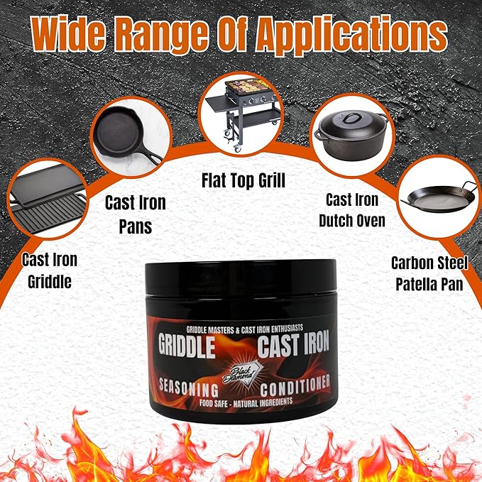 Black Diamond Stoneworks Griddle Seasoning &amp Cast Iron Conditioner (8 oz) – Premium Oil &amp Wax Blend for Skillets Griddles Dutch Ovens &amp Flat Top Grills – Non-Stick Protection &amp Rust