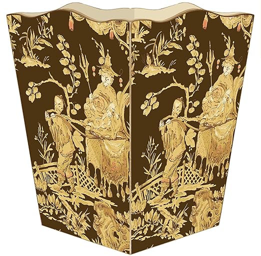 Brown and Gold Asian Toile Wastepaper Basket Chinoiserie Decoupage Wood Scalloped Top Decorative Wastebasket for Kitchen Bathroom Bedroom Living Room Office Handmade Made in the USA