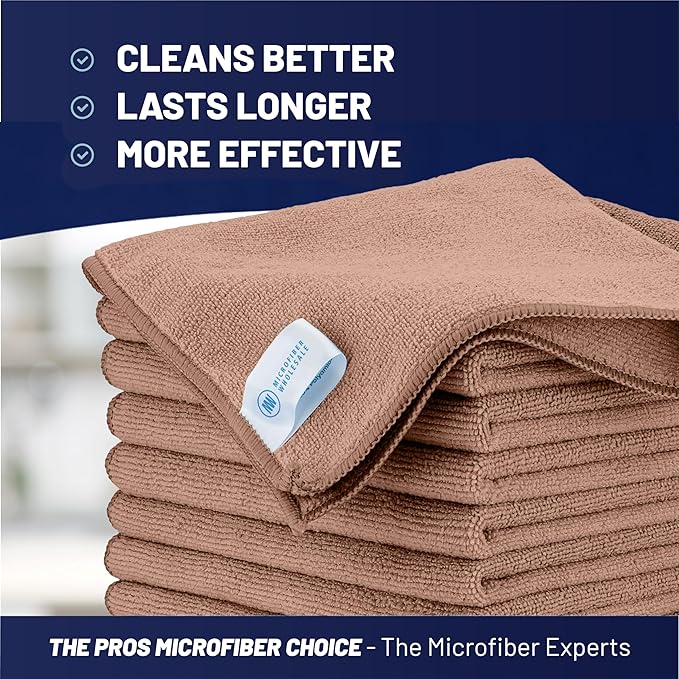 MW Pro Microfiber Cleaning Cloth | Tan | 12 Pack | 16” x 16” | All Purpose Microfiber Towels - Clean Dust Polish Scrub Absorbent