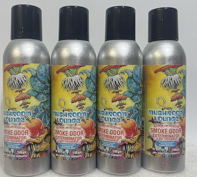Smoke Odor Exterminator 198 gm/ 7 oz Large Spray Mushroom Lounge Set of Four Cans.