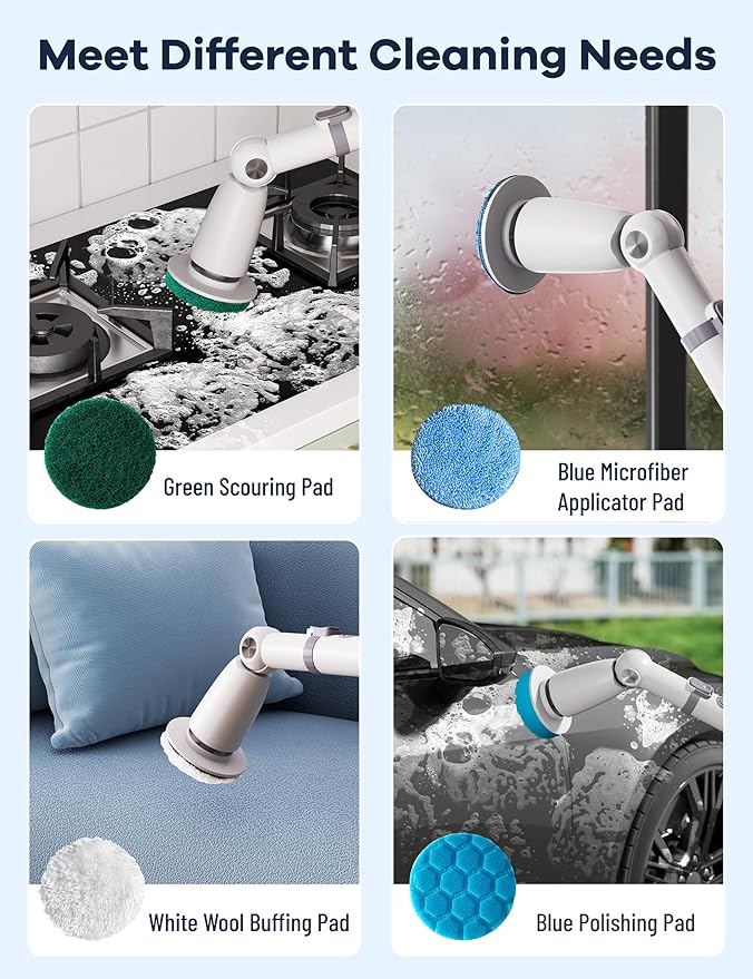 Electric Spin ScrubberFloor Shower Scrubber with Long Handle Power Scrubber Dual SpeedsCleaning Brush Cordless Scrub Brush with 3 Adjustable Angles8 Brush Heads for BathroomTile