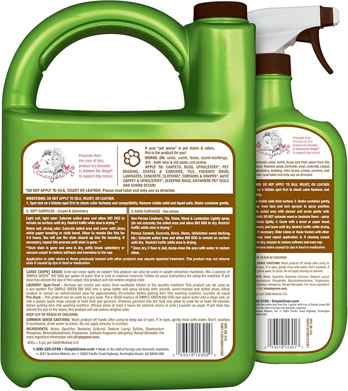 Simple Green Bio Dog Active Stain &amp Odor Remover - Enzyme Cleaner &amp Stain Remover for Carpet Rugs &amp Fabric – eliminates Urine Odor (32 oz Spray &amp 1 gal Refill)