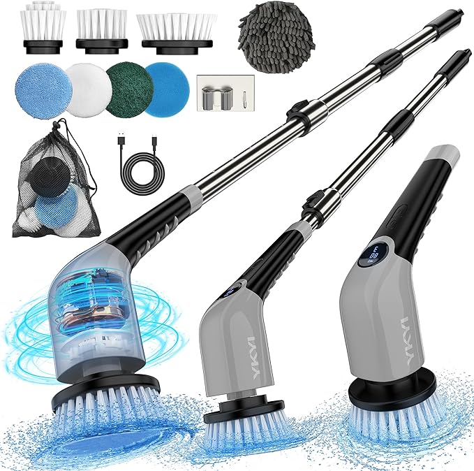 YKYI Electric Spin Scrubber-Cordless Power Scrubber with 8 Brush Heads 3 Speeds &amp Adjustable Long Handle IPX7 Waterproof Shower Cleaning Brush for Bathroom Tile Bathtub Grout Kitchen(Off Grey
