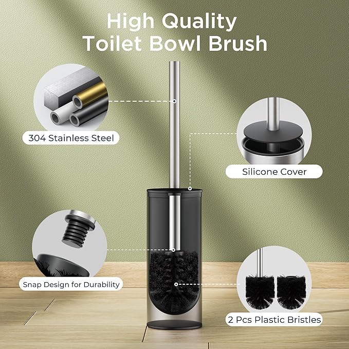 Toilet Brush and Holder Set Toilet Bowl Brush with Heavy Duty 304 Stainless Steel Base and Extra Long Handle Toilet Bowl Cleaners Brush for Bathroom (Stainless Steel)