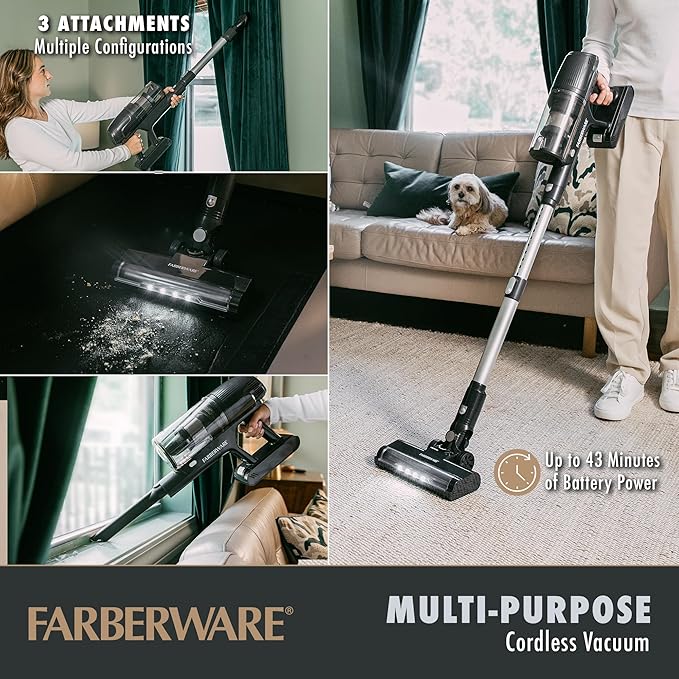 Farberware Cordless Elite Stick Vacuum Cleaner Powerful Suction 3 Speeds for Carpet and Hard Floors Handheld Vacuum for Pet Hair LED Screen