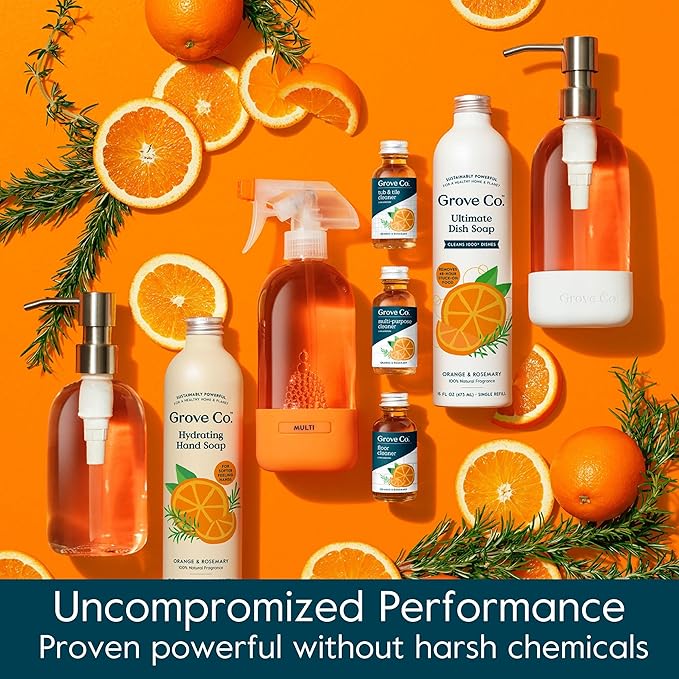 Grove Co. Tub and Tile Cleaner Refill Concentrate (2 x 1 Fl Oz) + 1 x Reusable Glass Spray Bottle (16 Oz) Plant-Based Cleaning Supplies Bundle No Plastic Waste 100% Natural Orange &amp Rosemary Sce