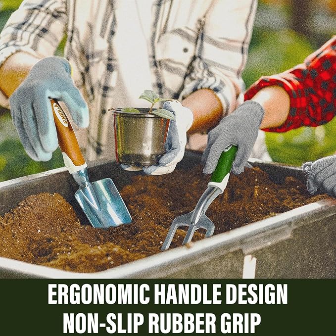 Aimerla Gardening Tools Set of 9 Heavy Duty Garden Tools with Non-Slip Rubber Grip with Large Garden Bag for Tools Durable Hand Tools for Gardening WeedingGardening Gifts for WomenMen (Dark Green)