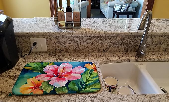 Caroline's Treasures DAC1644DDM Hawaii Hawaiian Hibiscus in Watercolor Dish Drying Mat Absorbent Dish Drying Mat Pad for Kitchen Counter Dish Drainer Mat for Countertop 14 x 21 Multicolor