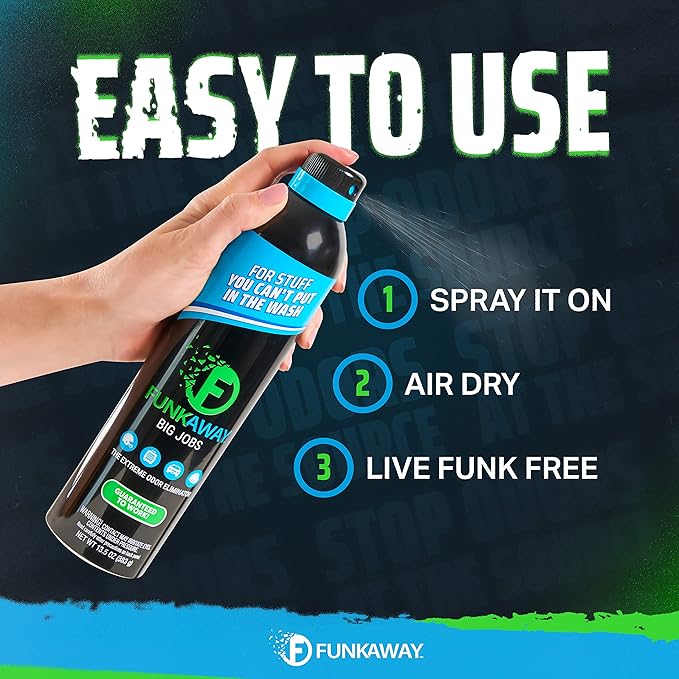 FunkAway Big Jobs Aerosol Spray 13.5 oz. 3 Pack Extreme Odor Eliminator Spray Ideal for Shoe Smells Pet Odors and Large Stuff that Won't Fit in the Wash Attacks Musty Odors at the Source