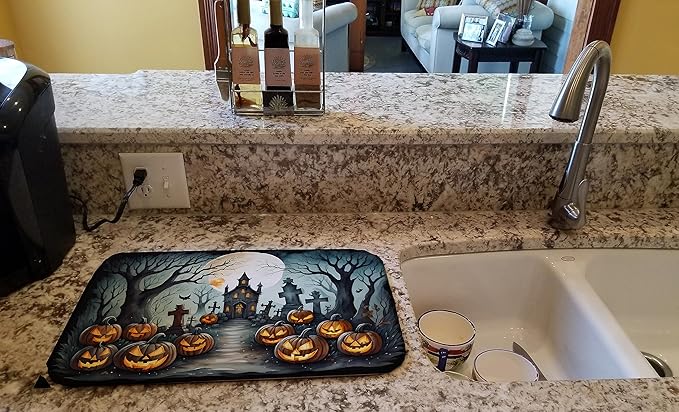 Caroline's Treasures DAC2215DDM Graveyard Spooky Halloween Dish Drying Mat Absorbent Dish Drying Mat Pad for Kitchen Counter Dish Drainer Mat for Countertop 14 x 21 Multicolor