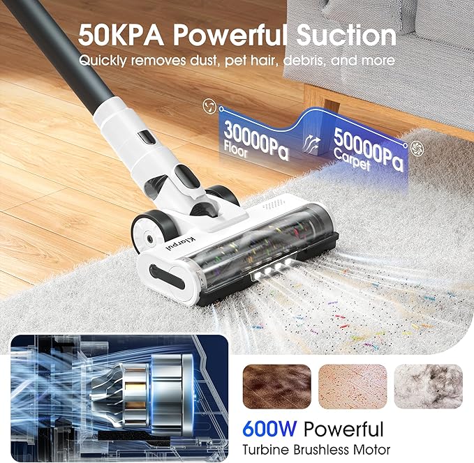 Cordless Vacuum Cleaner 600W 50KPA 70Mins Runtime Fast Charging Vacuum Cleaner Self-Standing LED Light Touch Screen Stick Vacuum for Home Light Weightfor Pet Hair/Carpet/Floor White