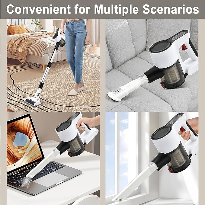 Cordless Vacuum Cleaner Powerful Brushless Motor 6-in-1 Lightweight Vacuum Cleaner Wall Mount with LED Display and Motor Mop Light for Pet Hair/Hardwood Floors/Car（Lvory）