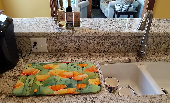 Caroline's Treasures DAC1630DDM California California Poppies in Watercolor Dish Drying Mat Absorbent Dish Drying Mat Pad for Kitchen Counter Dish Drainer Mat for Countertop 14 x 21 Multicolor