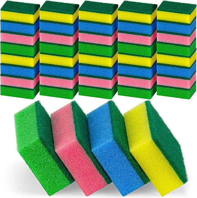 DecorRack 150 Count Non-Scratch Cleaning Scrub Sponges Dual-Sided Heavy Duty Kitchen Sponges for Dishes Cleaning Household Bathroom Car Wash - Multicolor (Pack of 150)