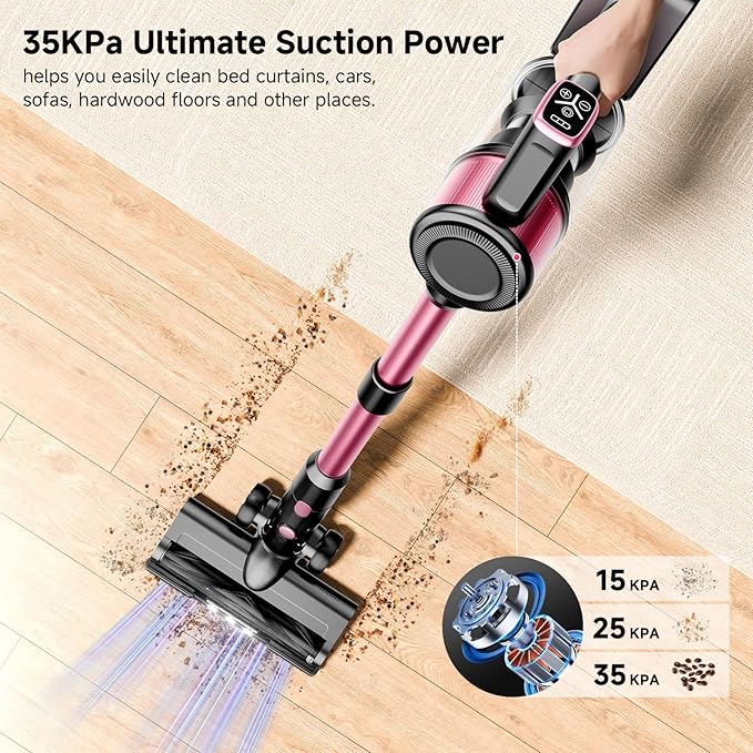 Cordless Vacuum Cleaner 38Kpa Powerful Stick Vacuum Cleaner with 45mins Rechargeable Battery LED Anti-Tangle Brush 8-in-1 Handheld Vacuum Cleaners for Home/Pet Hair/Carpets/Floors Rose
