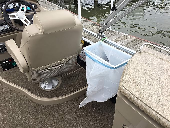 Pontoon - Portable Trash Bag Holder – Measure The Rail Thickness Before Ordering it Will be a Very Tight fit so it Won’t Fall in The Water. Use only a 13-Gallon Drawstring Garbage Bag.
