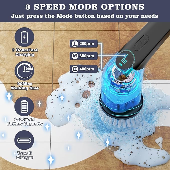 YKYI Electric Spin Scrubber-Cordless Power Scrubber with 8 Brush Heads 3 Speeds &amp Adjustable Long Handle IPX7 Waterproof Shower Cleaning Brush for Bathroom Tile Bathtub Grout Kitchen(Off Grey