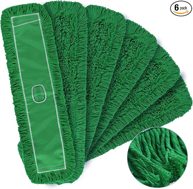 Matthew Cleaning 36'' Industrial Strength Cotton Dust Mop Refill Washable Replacement Heads for Residential &amp Commercial Use Fit Standard Dust Mop Frames Hardwood Concrete Floors Green 6 Pack