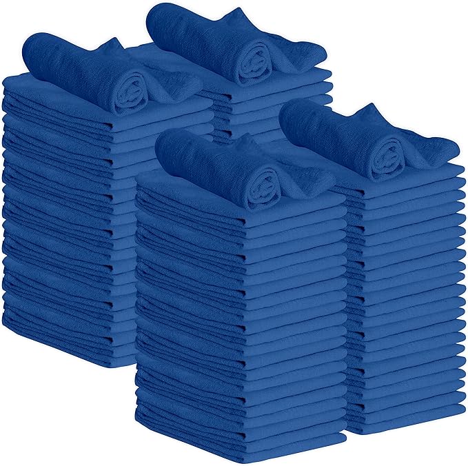 GREEN LIFESTYLE 100 Pack 12x14 Blue Shop Towel 100% Cotton Super Absorbent and Durable for Car Reusable