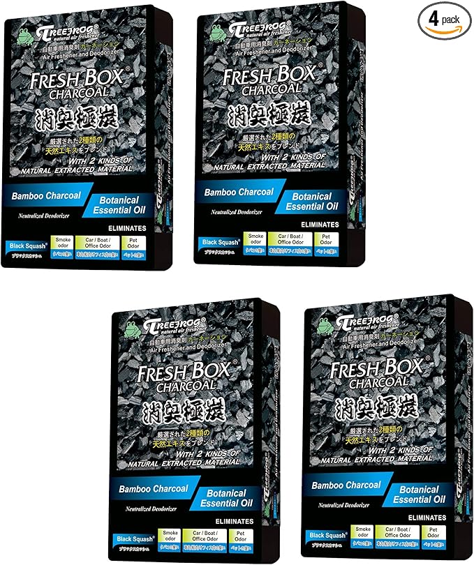 Tree frog xtreme Fresh Box Charcoal Black Squash Scent 4-Pack Car Air Freshener deodorizer and neutralizer air plus smelling great Black Bamboo Charcoal 200g.
