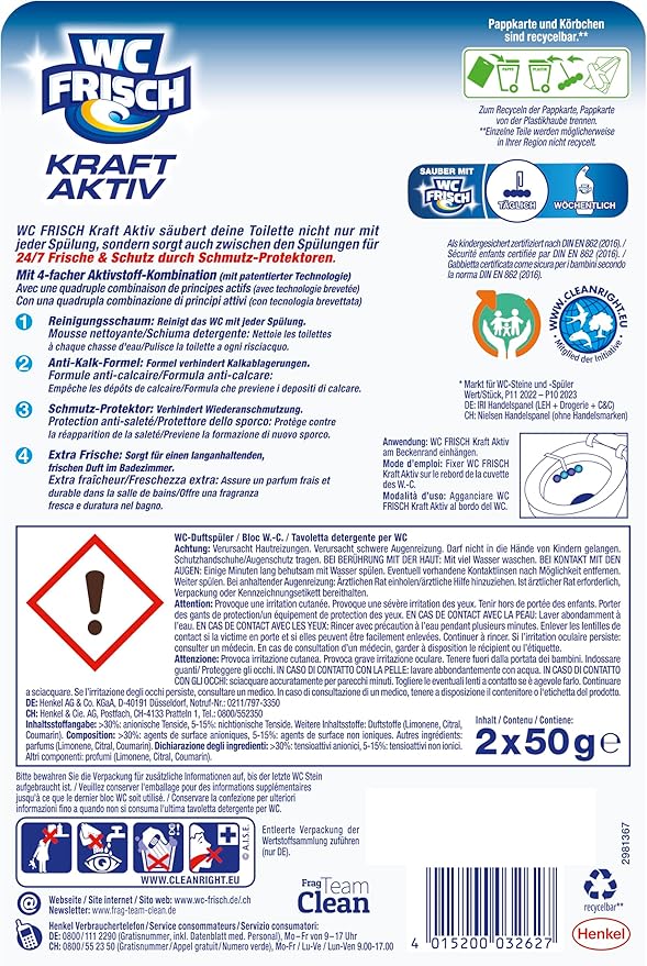 WC-Frisch Kraft Active Fragrance Rinser Fresh Breeze (2 x 50 g) Toilet Cleaner for Cleaning with Every Flush Fragrance Stones for Long-Lasting Fresh Fragrance + 50% Anti-limescale Effect