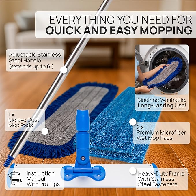 18” Pro Microfiber Hardwood Floor Mop - Cleans Floor in Seconds | Dust &amp Wet Mopping | Hardwood Tile Laminate &amp Vinyl with 3 Washable Pads No Buckets Needed with Deluxe Household Mop