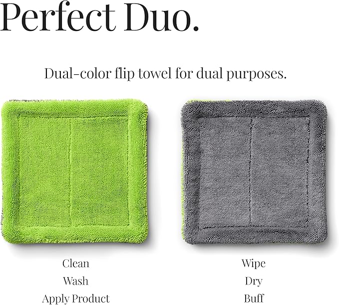 3-Pack 9”x9” Glass Flip Towel 1600 GSM Streak Free Lint Free for Car Detailing and Auto Glass Cleaning Dual-Color Gray &amp Lime Premium Microfiber Cloths