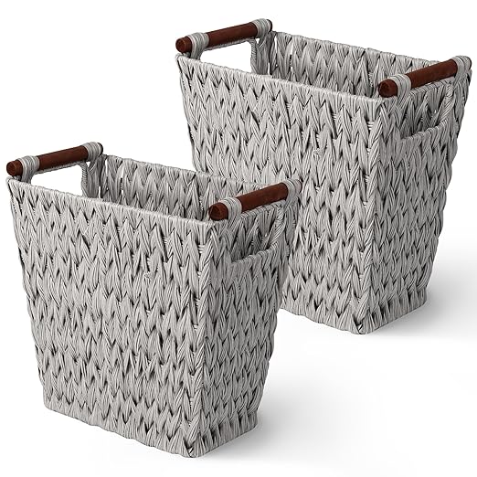 GRANNY SAYS Woven Waste Basket Gray Wicker Basket with Wood Handles Wicker Waste Basket for Bathroom Living Room 2-Pack 13 x 7 ½ x 12 ½