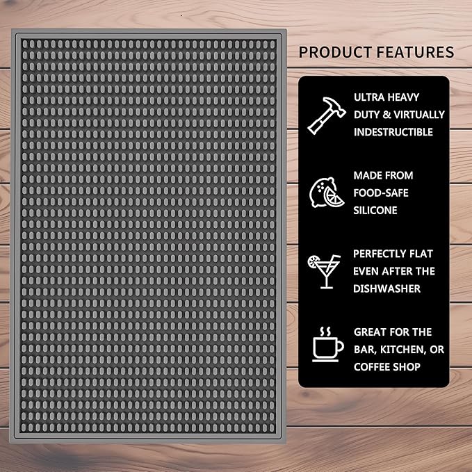 WAFT YEARN 18inX12in Bar Mat Dish Drying Mat Cocktail Service Spill Mats Bartending Countertop Kitchen Coffee Bar Silicone Non Slip Durable Flexible Absorbent Spill Resistant Rubber Heavy Duty Grey