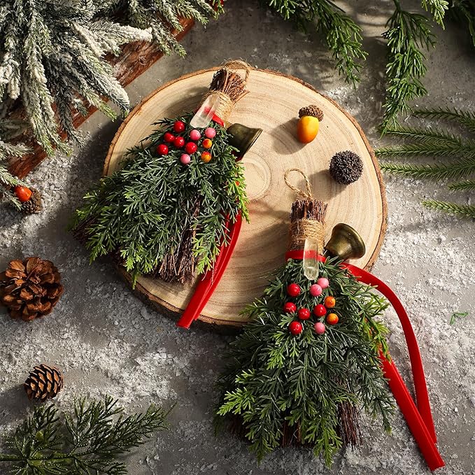 Jenaai 2 Pcs Yule Decorative Broom 6.7 Inch Pagan Christmas Decor Mini Witch Broom Handmade Pagan Broomstick with Crystal Holly Berry Jingle Bell Xmas Hanging Decor for Altar Door Protection Gift