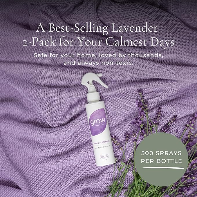 Grow Fragrance Scented Fabric and Room Air Freshener Spray - Certified Non-Toxic 100% Plant-Based Essential Oils - 5 oz (Lavender Blossom 2-Pack)