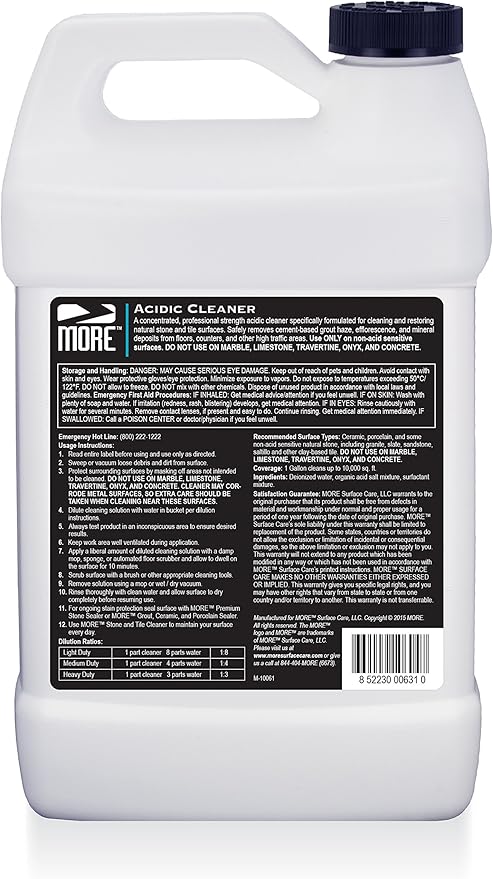 MORE Grout Cleaner for Tile Floors - Acidic Grout Cleaning Solution - Removes Cement-Based Grout Haze Efflorescence and Mineral Deposits - Gallon 128oz