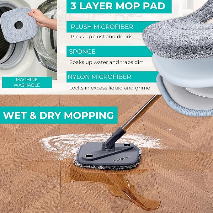 True &amp Tidy True Clean Spin Mop &amp Bucket System – Dual Compartment Design for Clean &amp Dirty Water 360° Swivel Mop Head Built-in Scrubbing Brush Stainless Steel Handle &amp 2 Reusable M
