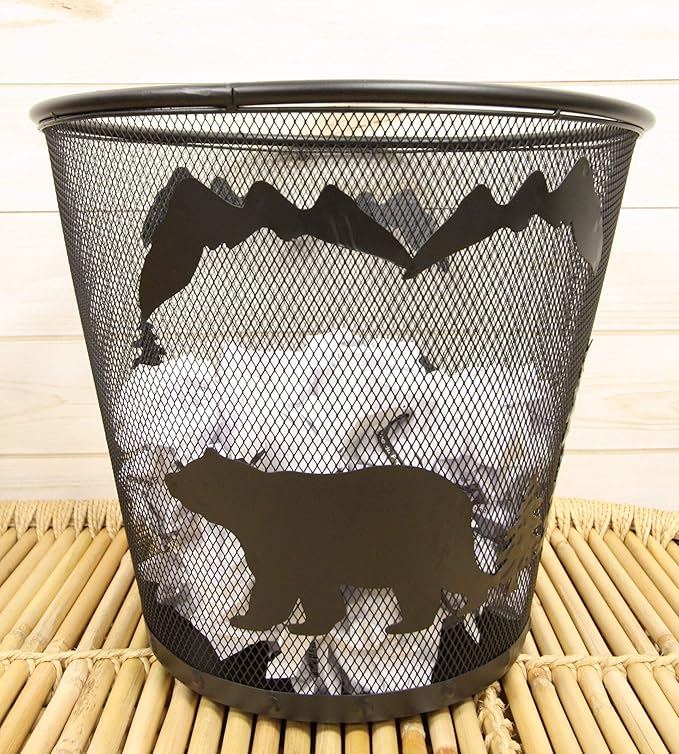 Ebros Wildlife Rustic Black Bears Roaming Pine Trees Forest by The Mountains Metal Wire Waste Basket Bin 14 Diameter Bear Home and Bathroom Accent Western Country Cabin Lodge Decorative Trash Can