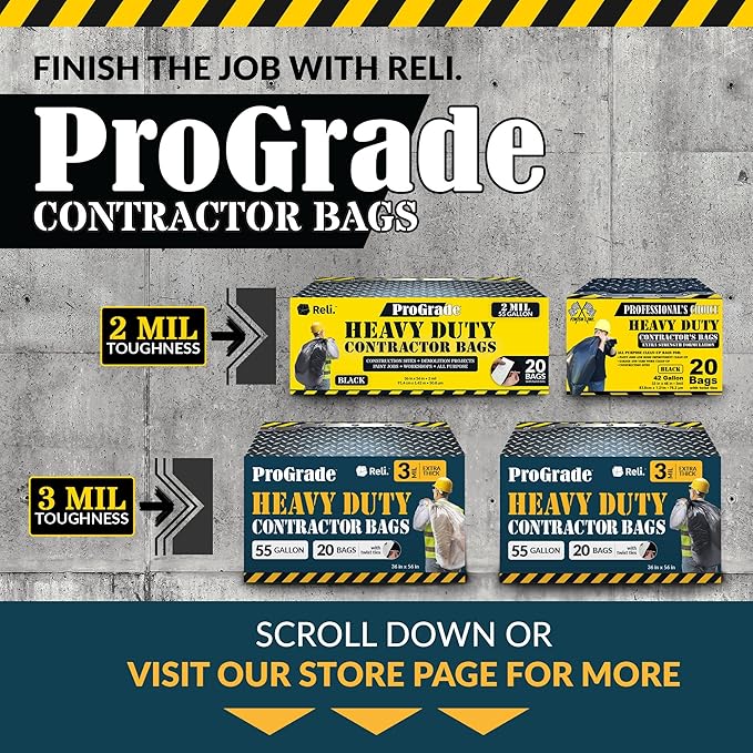 Reli. Contractor Garbage Bags 55 Gallon | 20 Trash Bags | Heavy Duty | Clear Contractor
