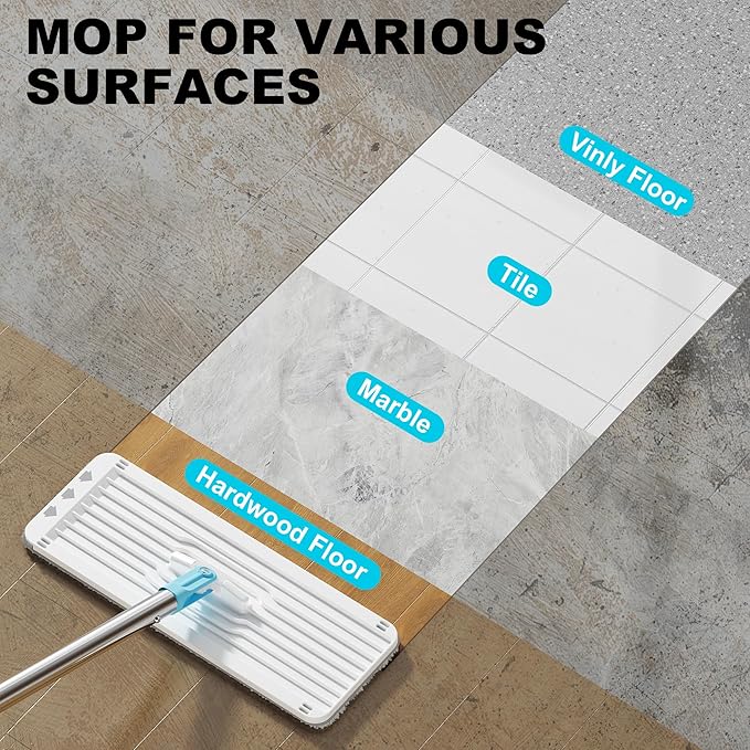 Mop and Bucket Set Mops for Floor Cleaning Squeeze Flat Mop and Bucket System Dry &amp Wet Wall Mop Cleaner with Long Handle for Household Cleaning with 4 Microfiber Mops Turquoise-Cyan