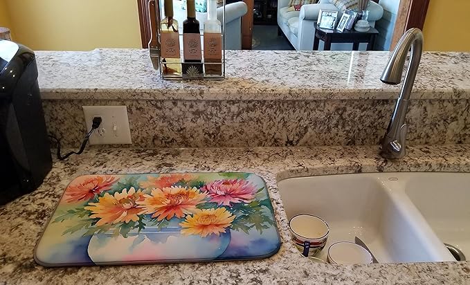Caroline's Treasures DAC1553DDM Chrysanthemums in Watercolor Dish Drying Mat Absorbent Dish Drying Mat Pad for Kitchen Counter Dish Drainer Mat for Countertop 14 x 21 Multicolor