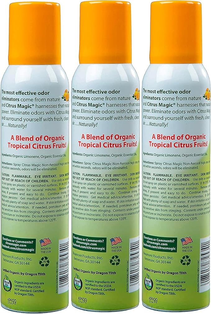 Citrus Magic Organic Natural Odor Eliminating Air Freshener Spray Orange Zest 3-Ounce Pack of 3