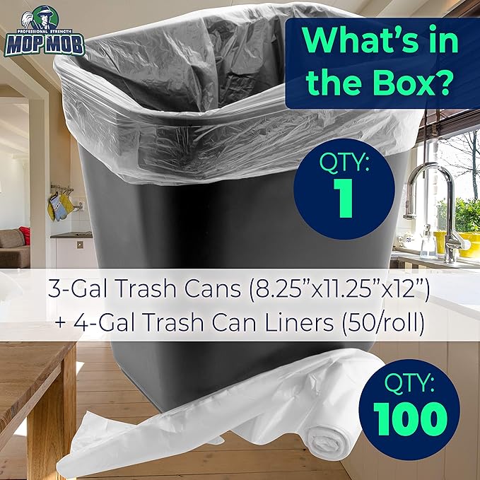 Space-Saving Trash Can and 100x 4 Gal. Leak-Proof Liners Set. Small Black Plastic Wastebasket and Clear Bags Great for Bathroom Kitchen or Home Office. Garbage Bin Fits Under Most Desks &amp Cabinet