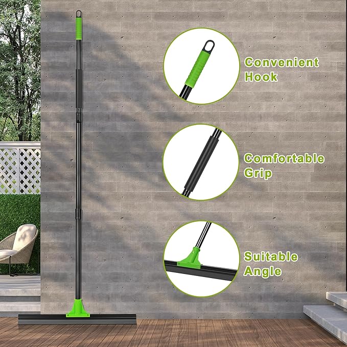 Rubber Floor Squeegee with 24” Heavy Duty Silicone Rubber Scraper Head and 60” Long Adjustable Handle Shower Squeegees for Concrete Floor on Multi-Surface Tile Glass Pool Garage Cleaning