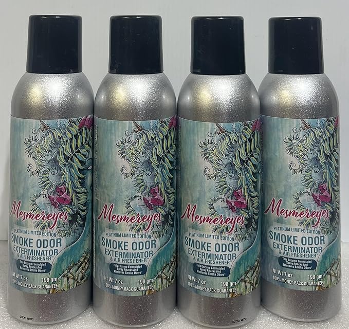 Smoke Odor Exterminator 198 gm/ 7 oz Large Spray Mesmereyes Set of Four Spray Cans.