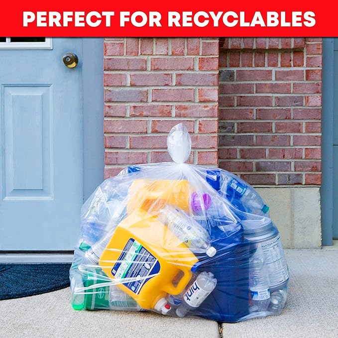 55 Gallon Clear Trash Bags (50 Bags w/Ties) Large Clear Plastic Recycling Garbage Bags