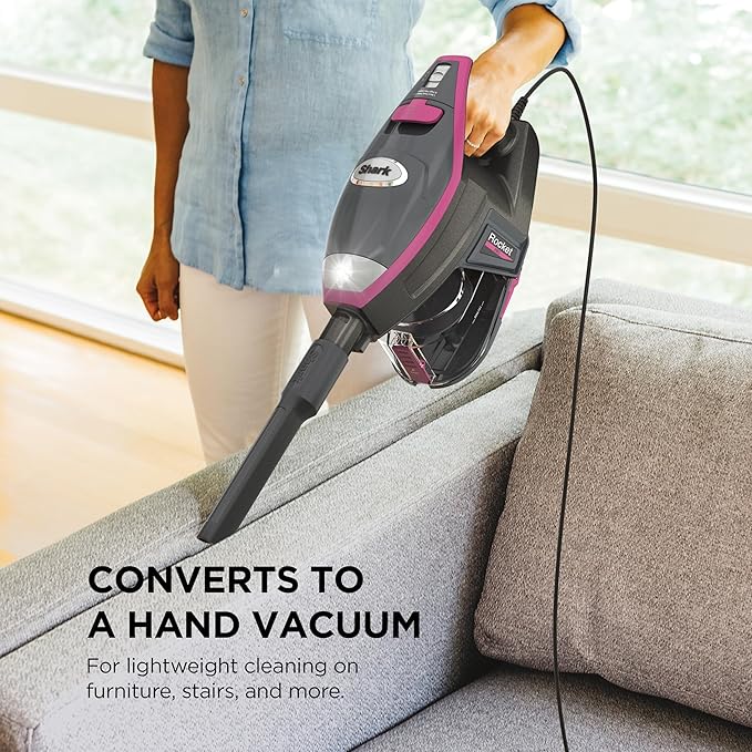 Shark HV371 Rocket Pro DLX Corded Stick Removable Hand Vacuum Advanced Swivel Steering XL Cup Crevice Tool Upholstery Tool &amp Anti-Allergen Dust Brush Fuchsia Capacity