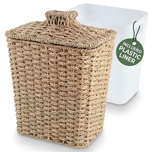 Wicker Trash Can with Lid and Liner - Rattan Trash Can for Bathroom - Decorative Wicker Waste Basket for Bedroom Kitchen and Office (Natural Seagrass)