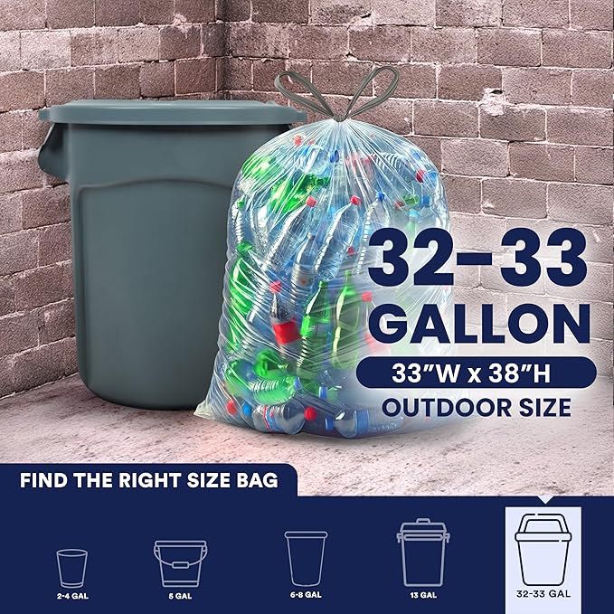 Plasticplace 32-33 Gallon Recycling Bags │ 0.9 Mil │ Clear Drawstring Garbage Can Liners │ 33 x 38 (100 Count)