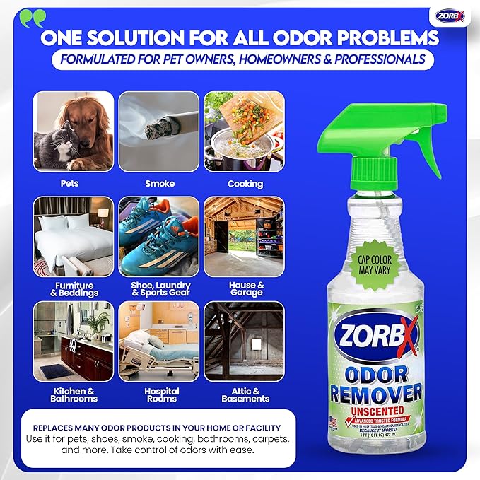 ZORBX Unscented Odor Eliminator for Strong Odor 16 oz - Pack of 2 - Used in Hospitals &amp Healthcare Facilities - Advanced Trusted Formula Fast-Acting Odor Remover Spray for Dog Cat House &amp C