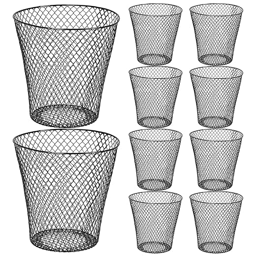 10 Pack 11inch Black Round Waste BasketWire Mesh Desk Metal Trash Garbage Can Wastebasket Recycling Trash Bins Garbage Container for Bedroom Office School